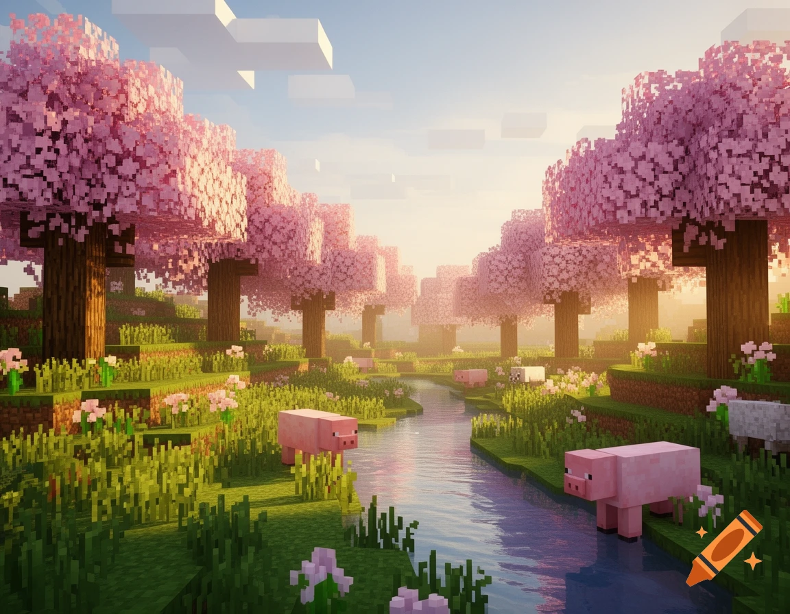 A vibrant Minecraft landscape with pink cherry blossom trees, a river, grassy hills, and blocky pink pigs under a sunny sky.