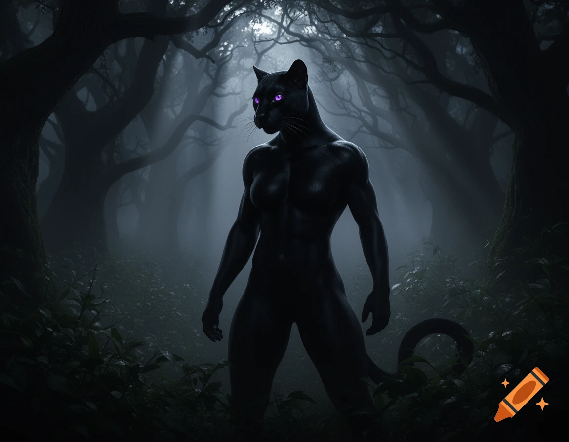A muscular black werecat panther with glowing violet eyes stands in a dark, mystical forest, digital art.