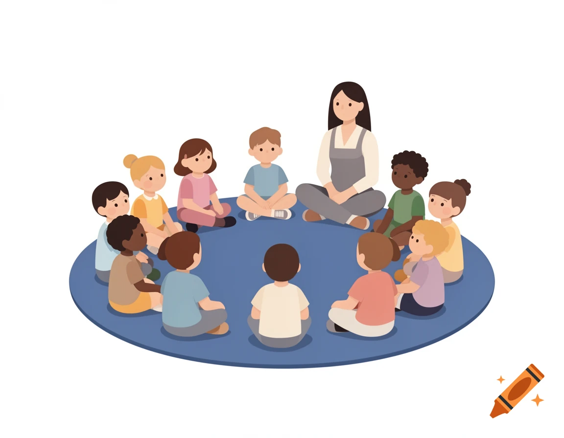 A vector illustration of a diverse group of children sitting in a circle around a teacher on a blue rug, on a white background.