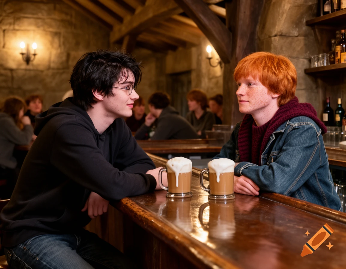 Harry Potter and Ron Weasley at a rustic bar, each with a frothy drink.