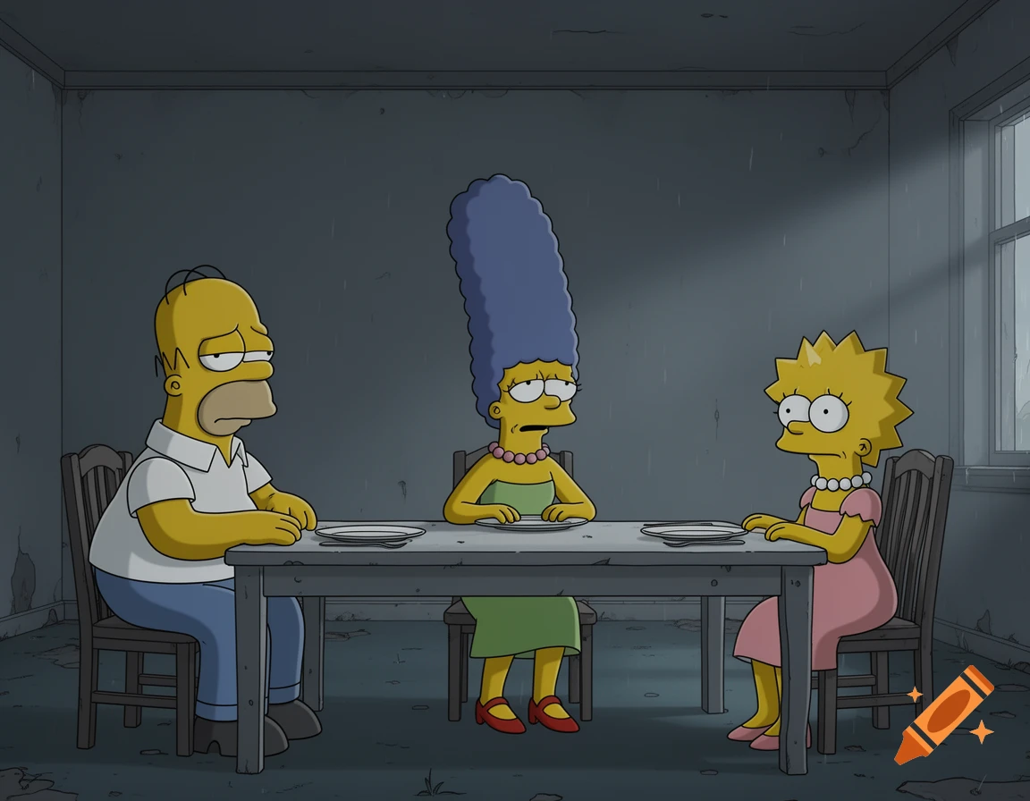 Homer, Marge, and Lisa Simpson sit sadly at an empty table in a bleak room, a cartoon.