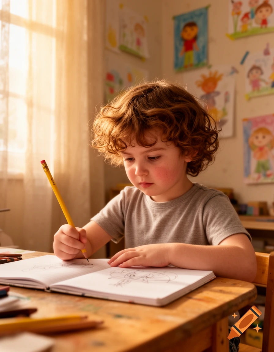 A young child with curly hair sits at a wooden desk, intently drawing in a notebook with a yellow pencil.