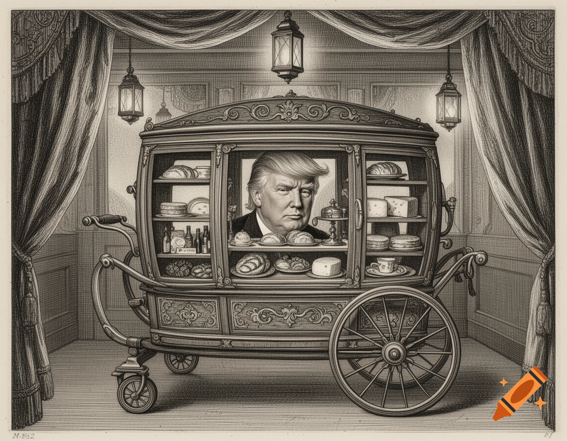 A 1700s-style engraving shows Donald Trump's head peeking out of an ornate food cart filled with breads and cheeses.