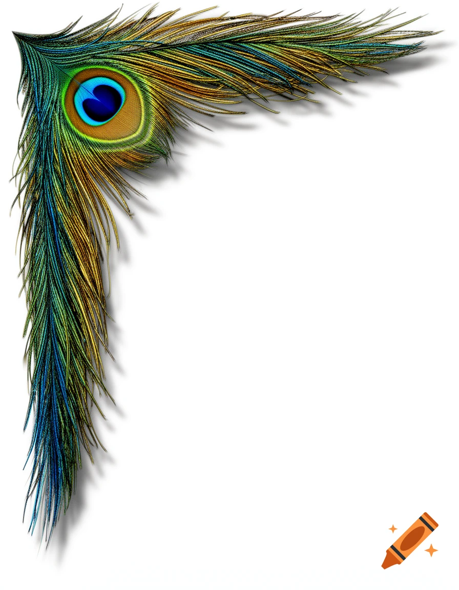 Vibrant, iridescent peacock feather forming a decorative corner border with an eye-spot, against a white background.