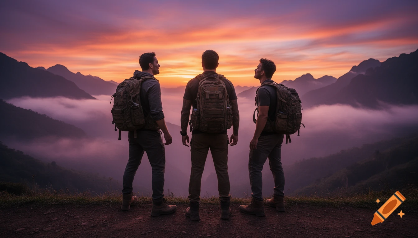 Three hikers with backpacks stand on a mountain trail, overlooking a misty valley at a vibrant sunset.