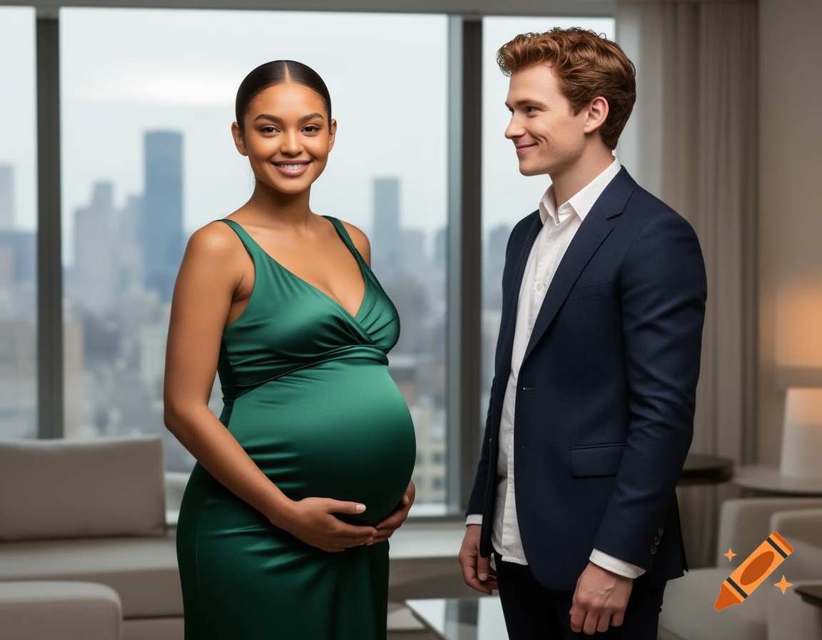 A pregnant woman in a green dress smiles next to a man in a suit in a modern apartment with a city view.