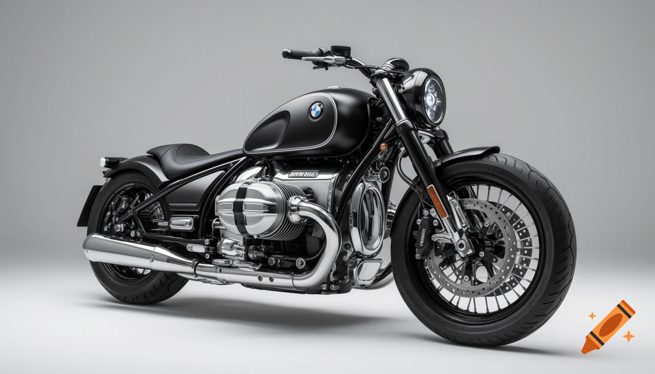 A photorealistic studio shot of a black BMW R18 motorcycle with chrome accents.