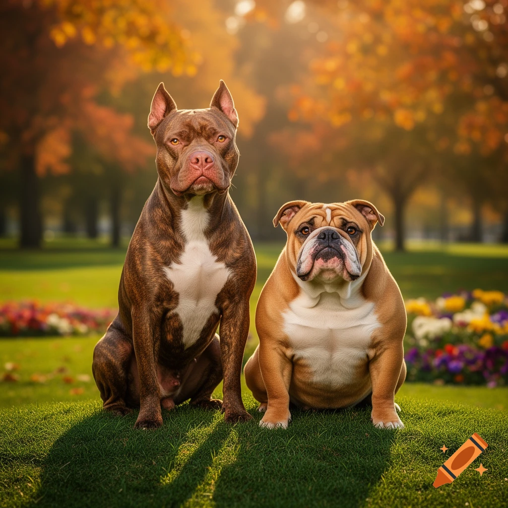 A brown brindle pitbull and a light brown bulldog sit side by side on green grass in a park with autumn trees.