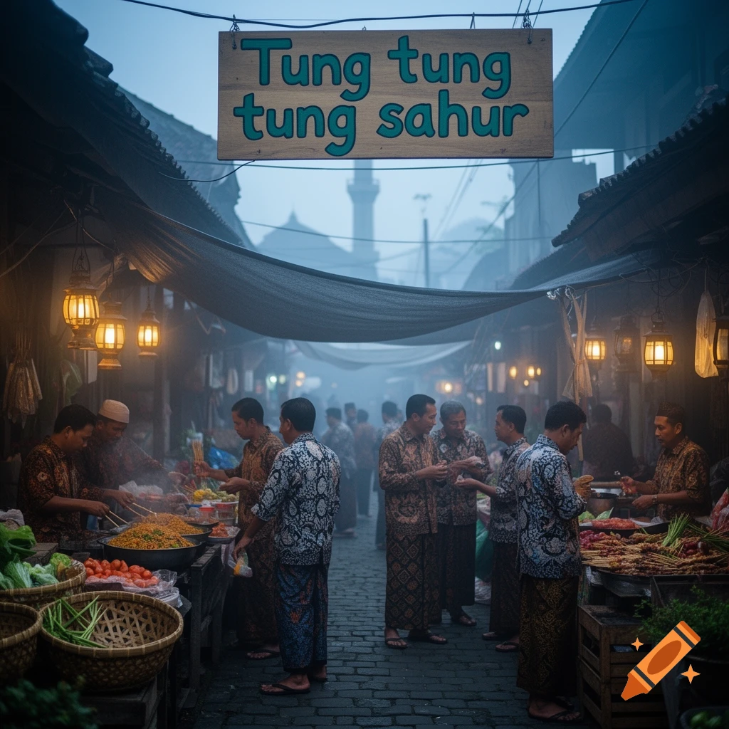 A misty night street market scene with people in traditional attire, food stalls, and a sign reading 'Tung tung tung sahur' overhead.