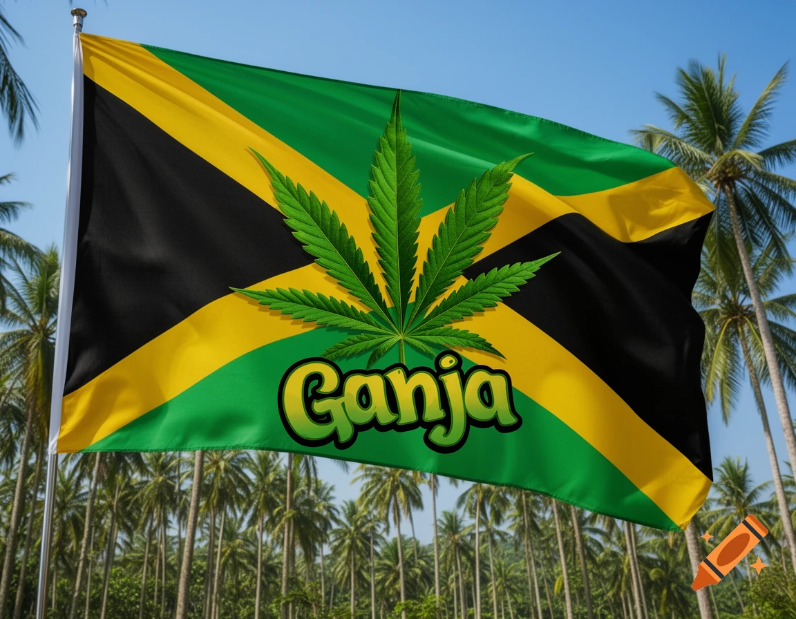 Photorealistic Jamaican flag with a green cannabis leaf and the word 'Ganja' flying against a blue sky with palm trees.