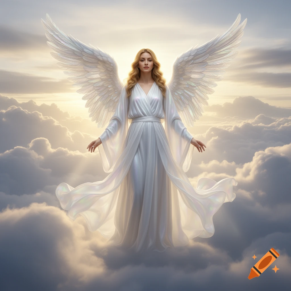A beautiful angel woman with golden hair and large white wings, wearing a flowing white gown, stands amidst clouds with a bright light behind her.