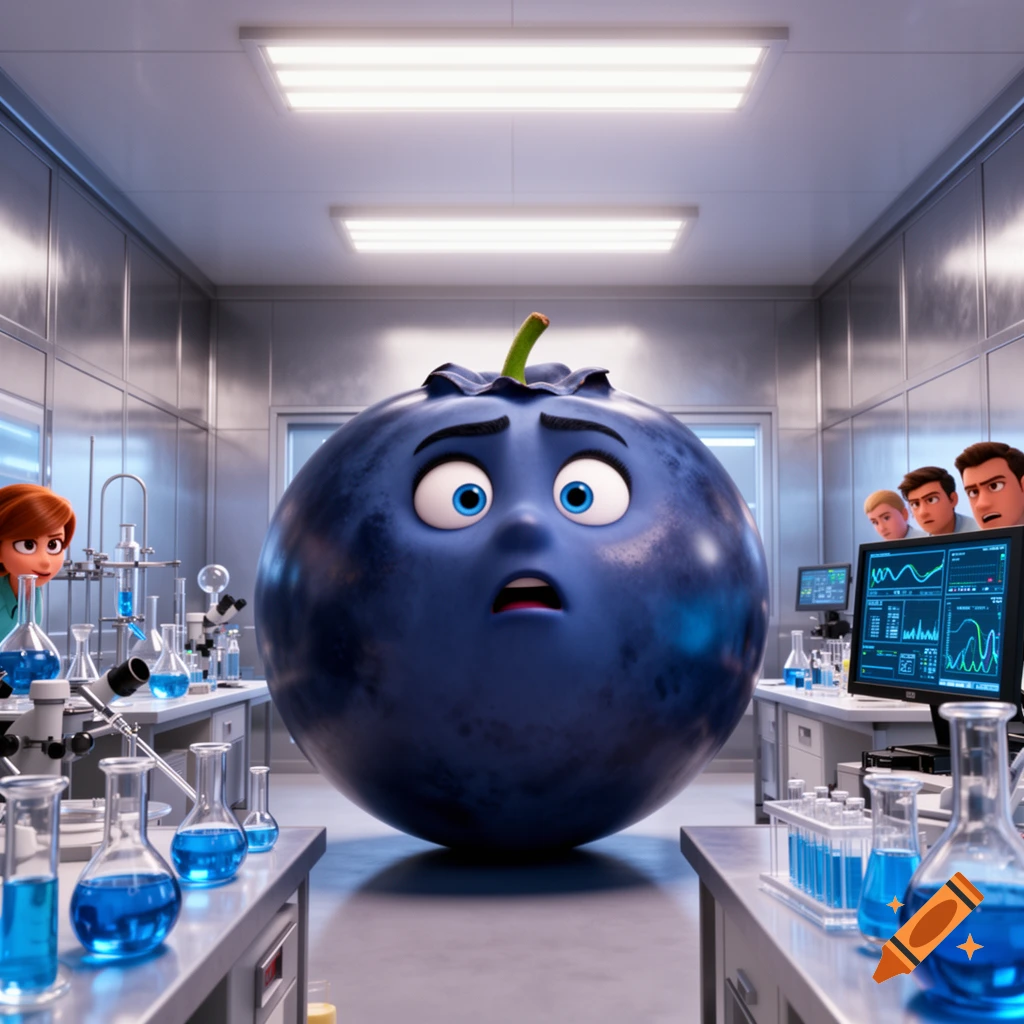 A giant, shocked anthropomorphic blueberry stands in a science lab surrounded by surprised scientists and lab equipment, in a 3D animation style.