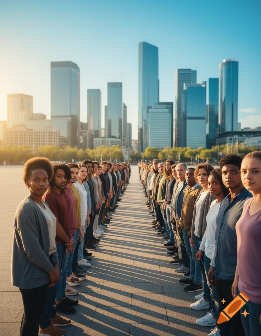 Two long lines of diverse people stand facing each other on a paved plaza, with a modern city skyline and setting sun.