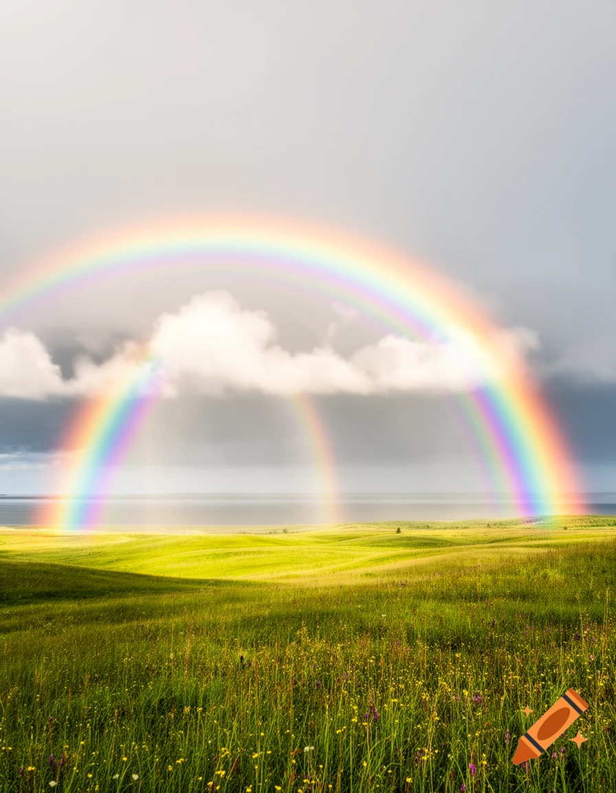 A vibrant green field with small wildflowers under a cloudy sky, with a double rainbow arching over a distant body of water.