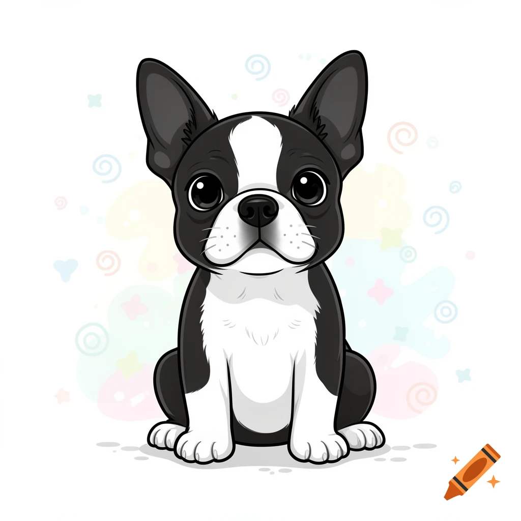 Cartoon black and white Boston Terrier puppy sitting with big eyes against a pastel, swirl-patterned background.