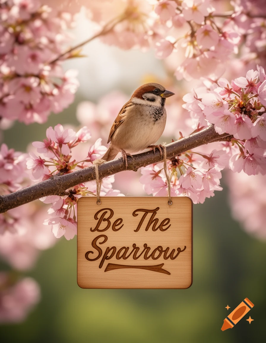A photorealistic brown sparrow perches on a cherry blossom branch, a wooden sign below reads 'Be The Sparrow'.