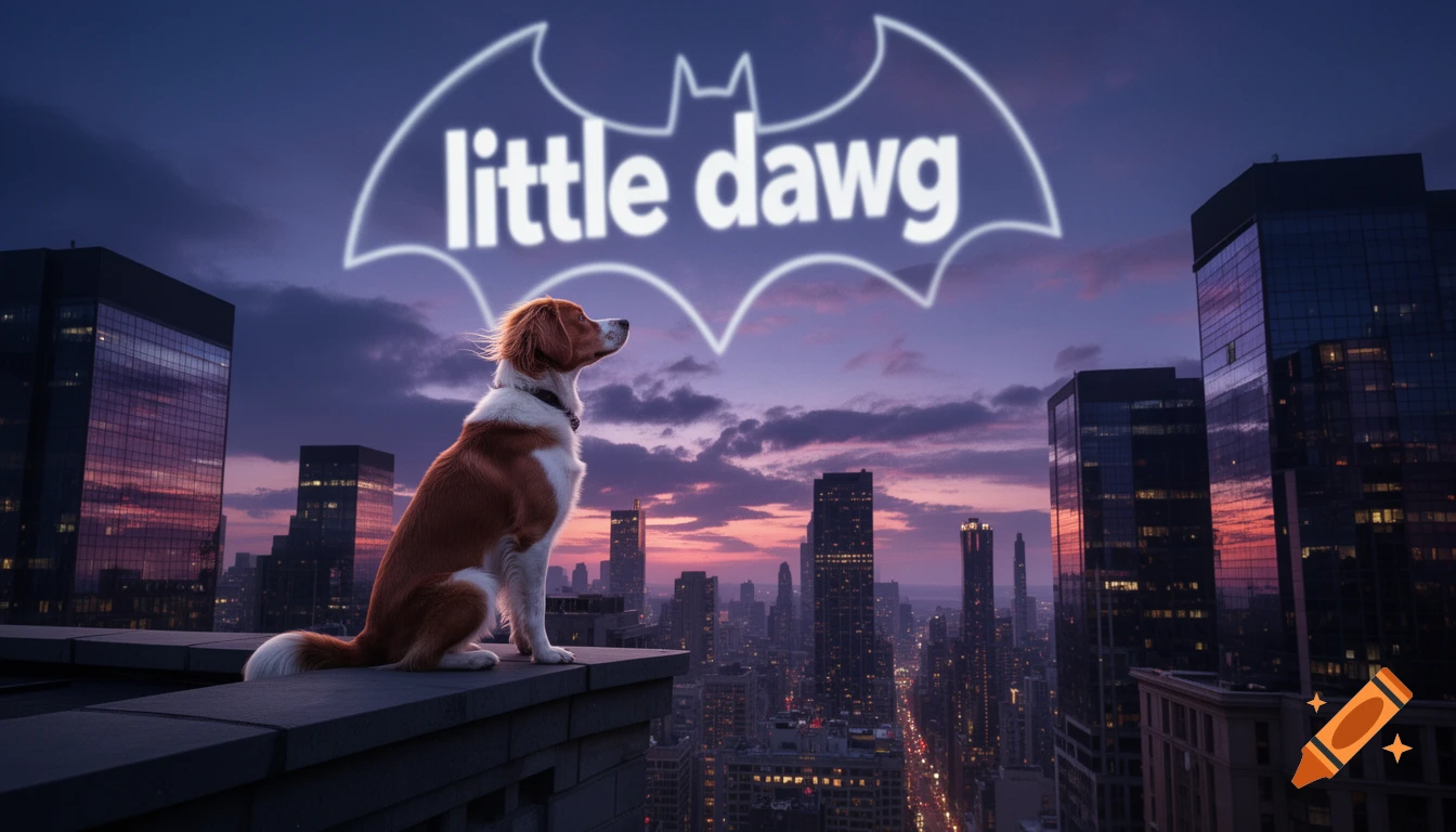A brown and white dog on a rooftop gazes at a glowing 'little dawg' bat signal above a city at dusk.
