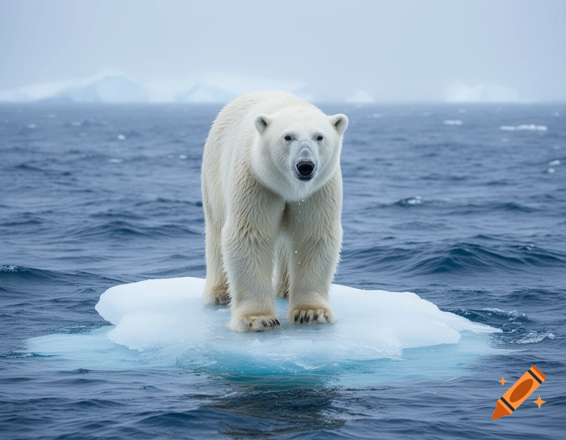 A photorealistic polar bear stands on a small melting ice floe in a vast blue ocean under a cloudy sky.