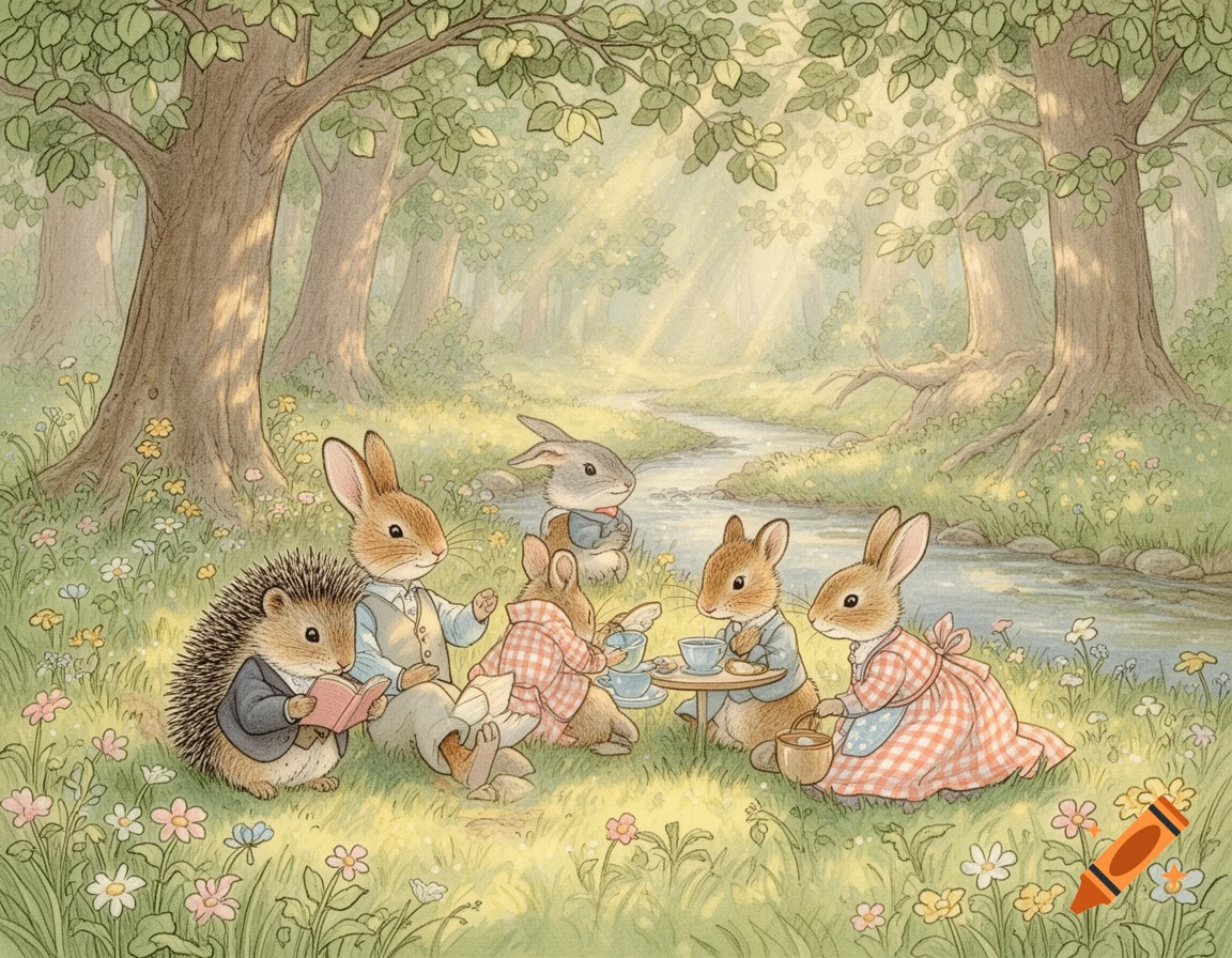 A charming illustration in Beatrix Potter style shows dressed animals, including rabbits and a hedgehog, having a tea party in a sunny forest clearing by a stream.