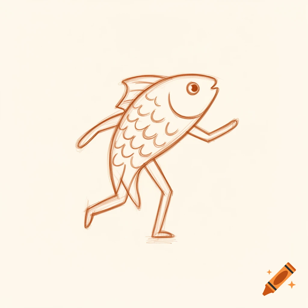 Simple sketch illustration of a copper-colored fish with human-like arms and legs running.