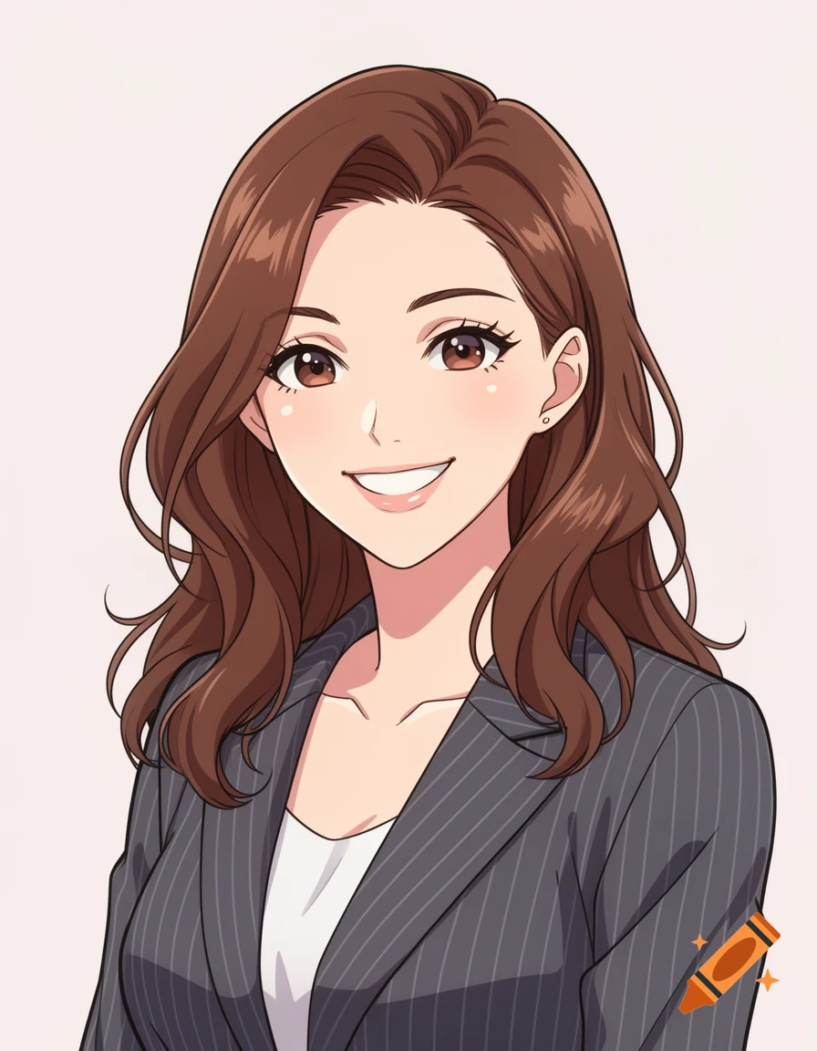 Anime portrait headshot of a smiling professional woman with brown hair in a business blazer, on a simple background.