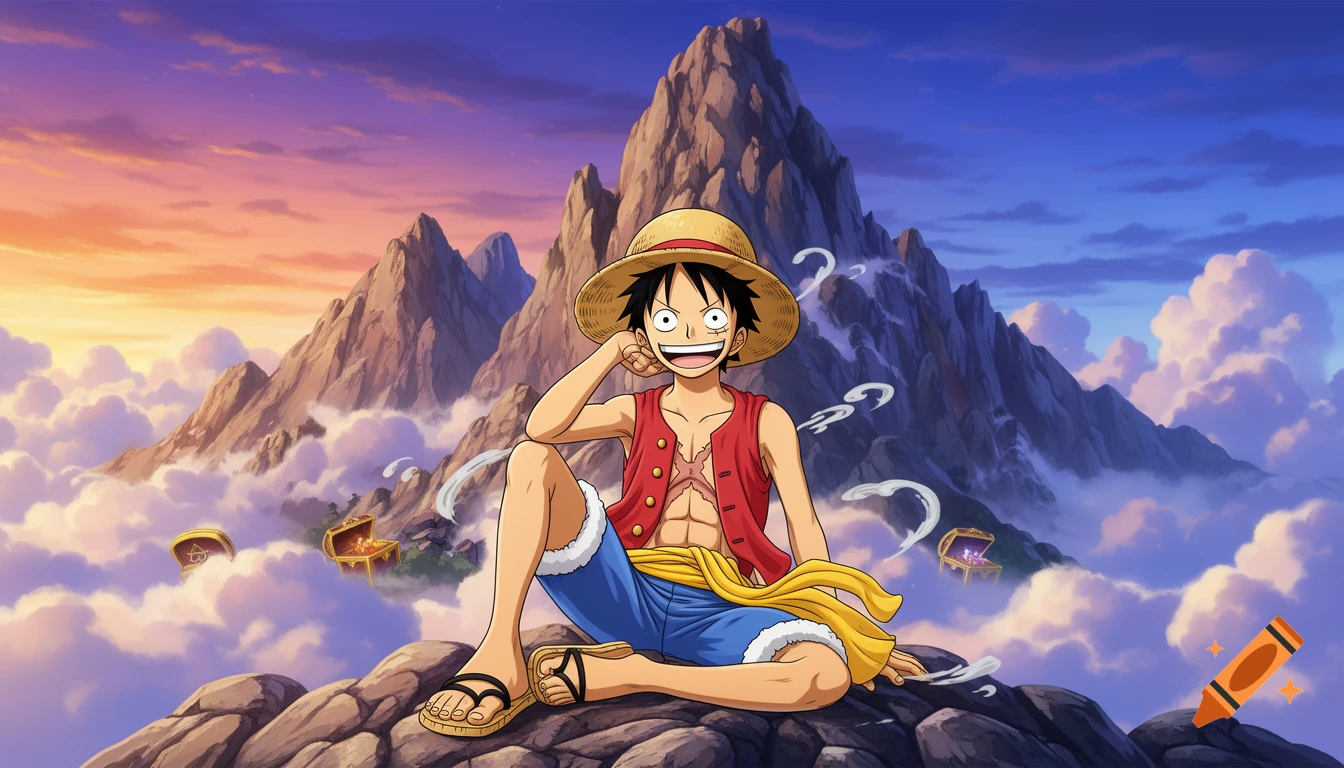 Anime style depiction of Monkey D. Luffy sitting on rocks, smiling, with mountains, clouds, and a colorful sunset sky.