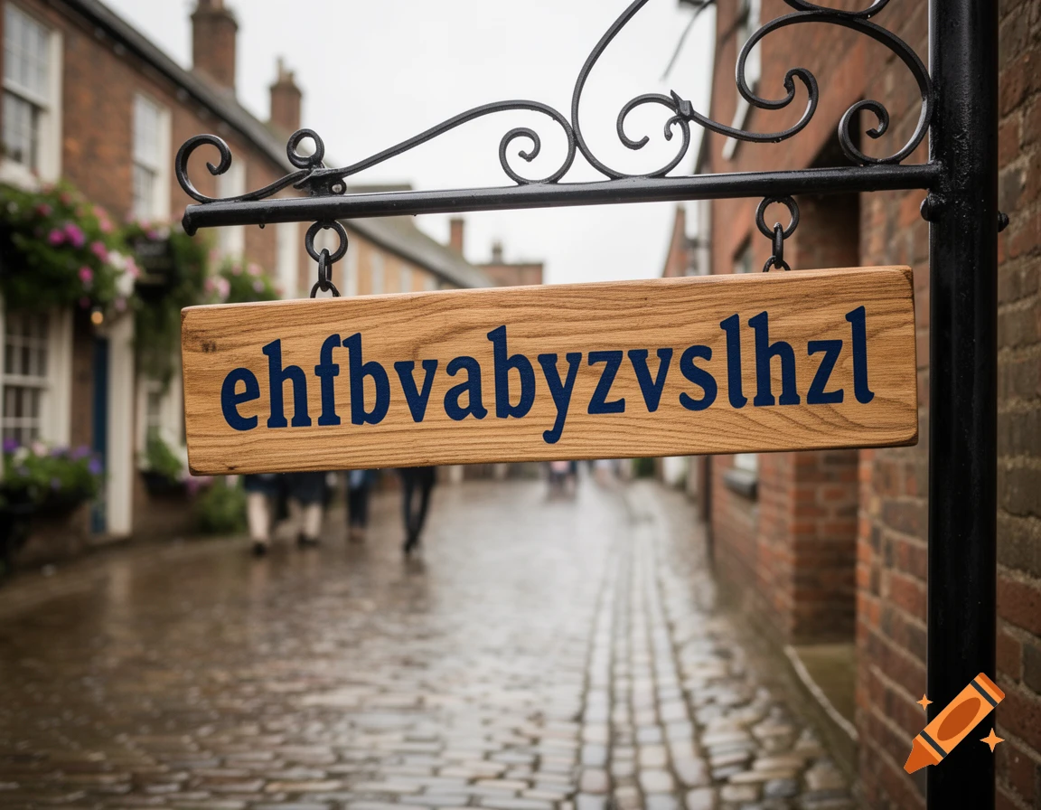 A wooden sign with the text 'ehfbvabyzvslhzl' in blue letters hangs above a wet cobblestone street, flanked by brick buildings.