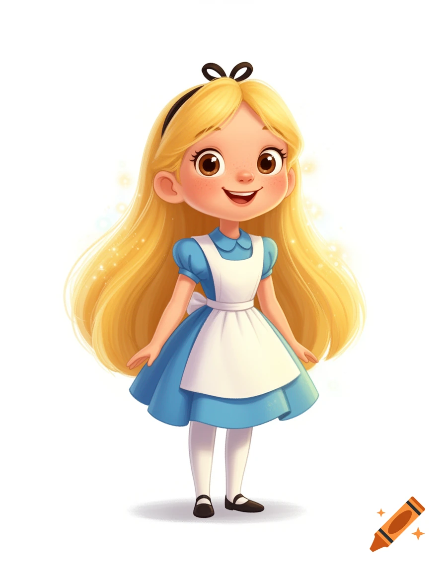 A cute, smiling cartoon girl with long blonde hair, wearing a blue dress and white apron, stands on a white background.