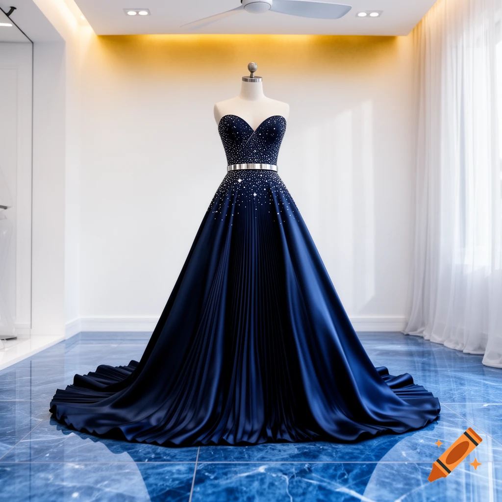 A dark blue, strapless formal dress with sparkling embellishments and a pleated skirt on a mannequin, standing on a reflective blue tile floor.