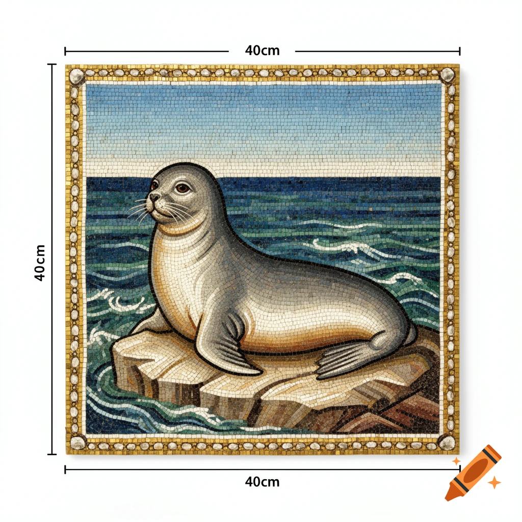 A Byzantine-style mosaic depicts a grey seal resting on a rock in the sea, framed by a patterned border.