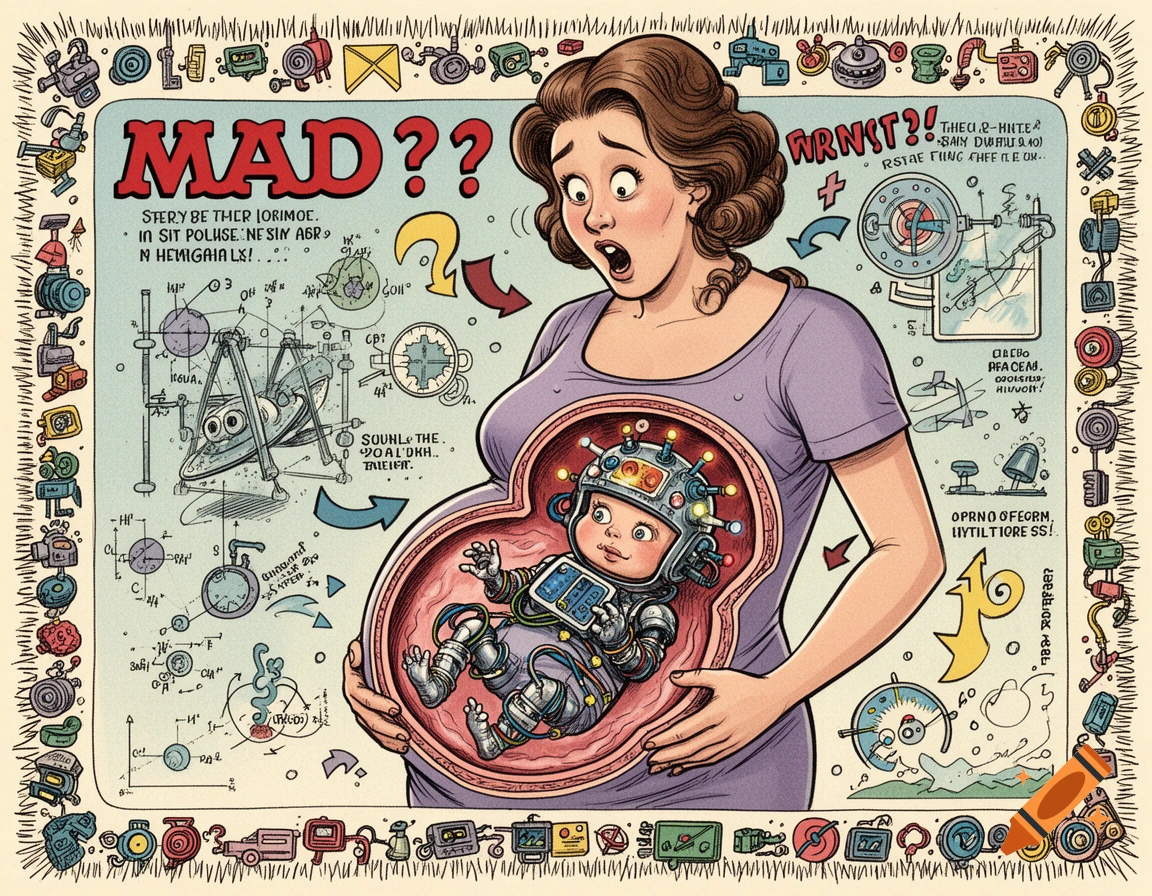 A cartoon-style science poster features a pregnant woman with her belly cut away to show a cyborg baby inside, surrounded by schematics and gibberish text.