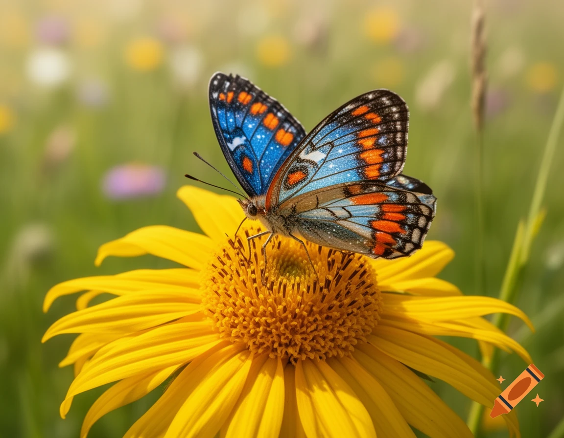 A vibrant blue and orange butterfly with delicate wings rests on a bright yellow flower with a blurred green background.