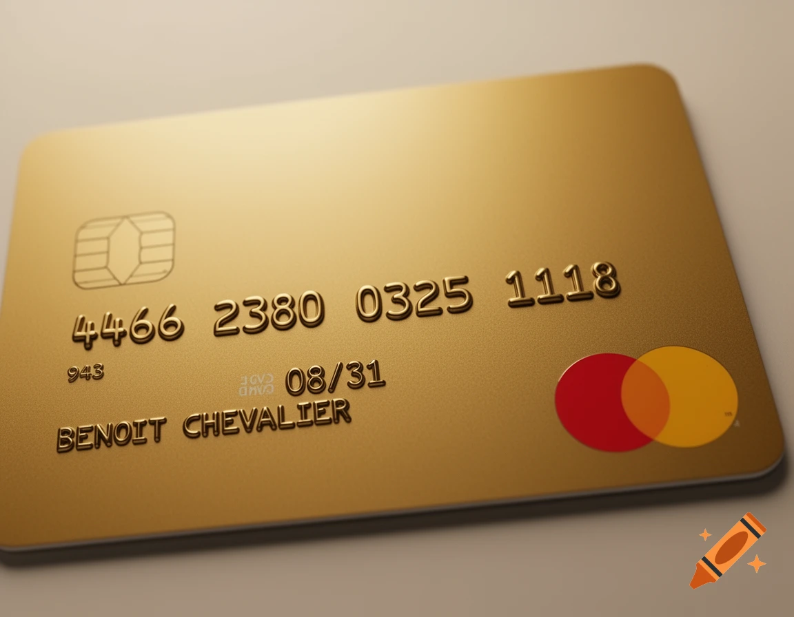 A close-up, photorealistic view of a golden Mastercard credit card.