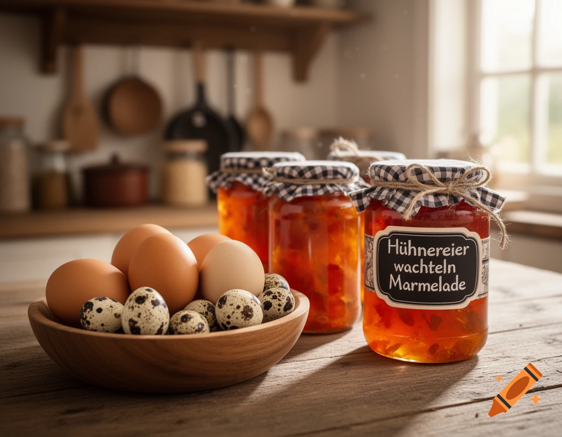 A wooden bowl of chicken and quail eggs next to several jars of marmalade on a rustic wooden table in a sunlit kitchen.