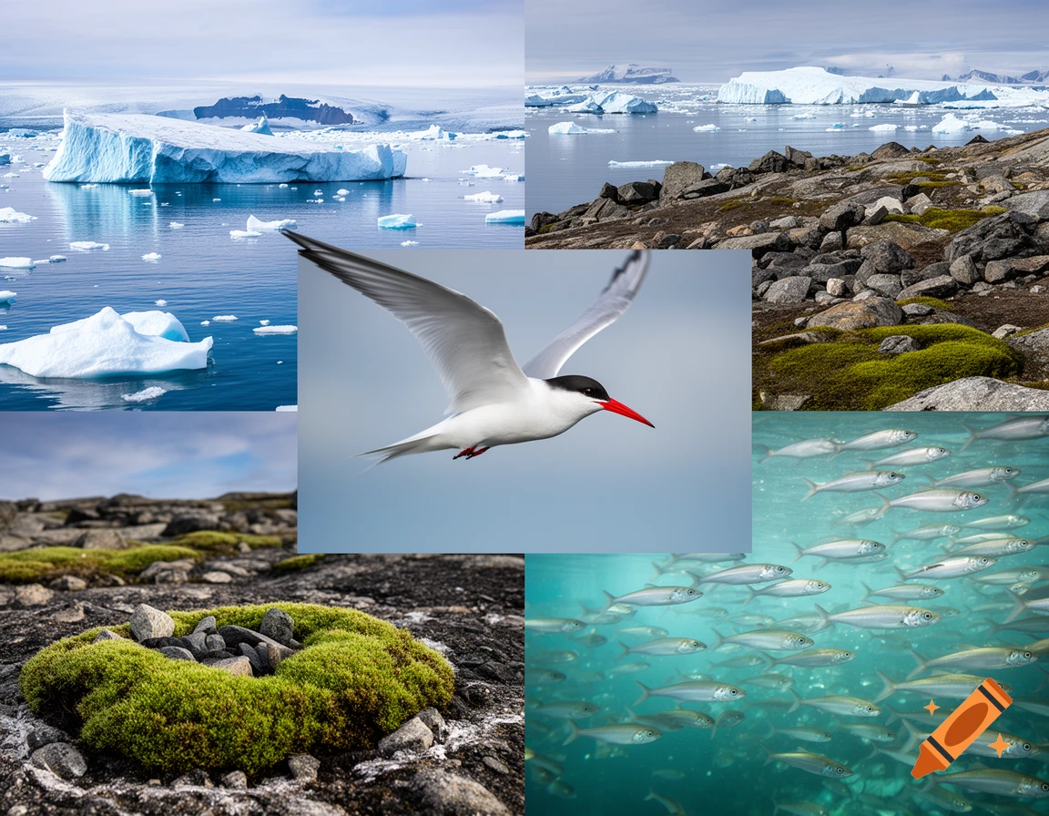 Collage of an arctic tern flying, with panels of blue icebergs, rocky tundra, and a school of silver fish underwater.