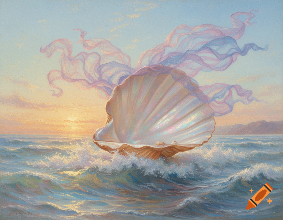 Oil painting of a shimmering seashell floating on gentle ocean waves at sunset, with ethereal, translucent fabric flowing above it.