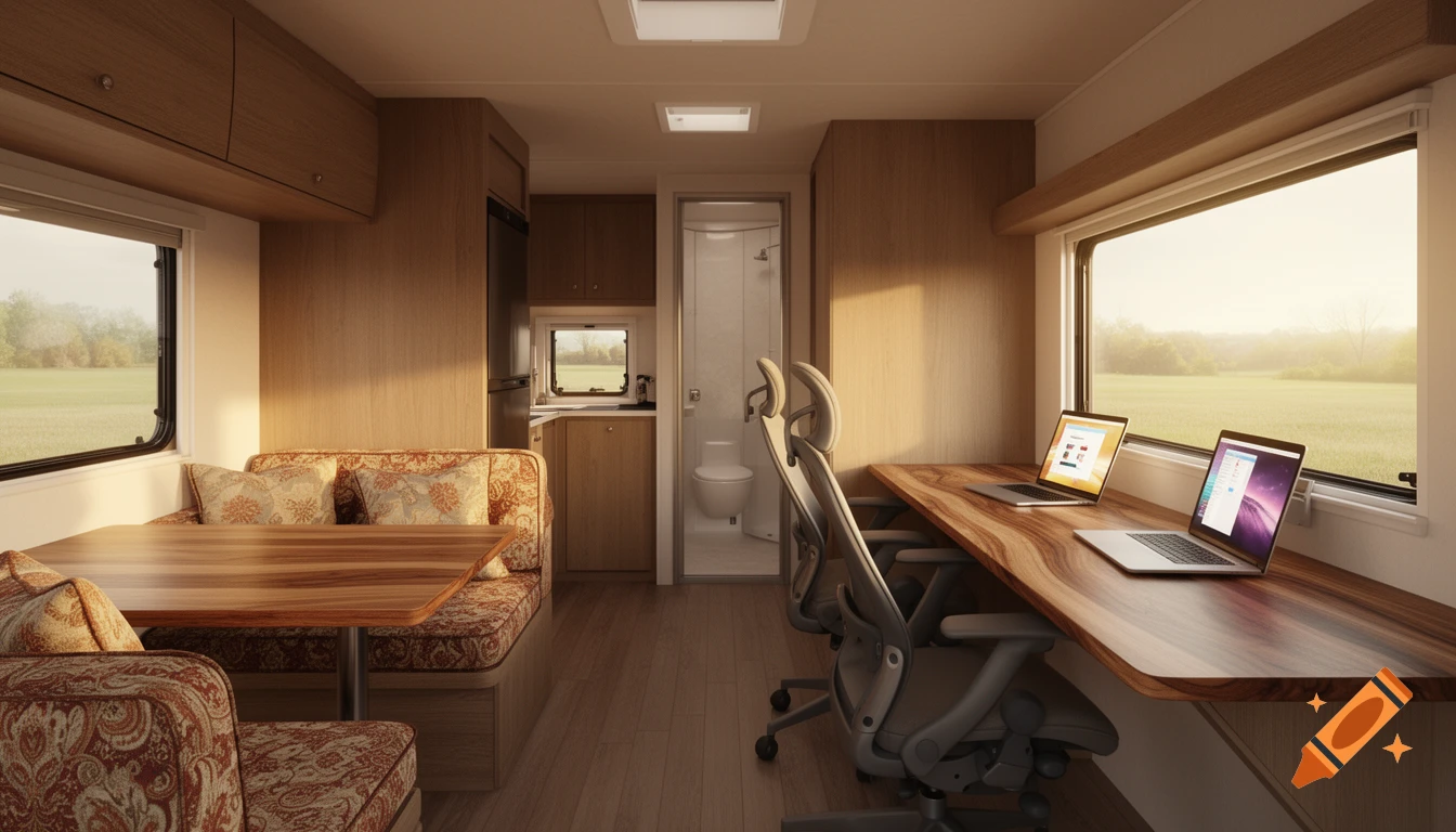 A photorealistic 3D render of a cozy camper interior converted into a digital nomad mobile office, with a wooden desk, two laptops, chairs, a dinette, kitchen, and bathroom, bathed in warm sunlight.