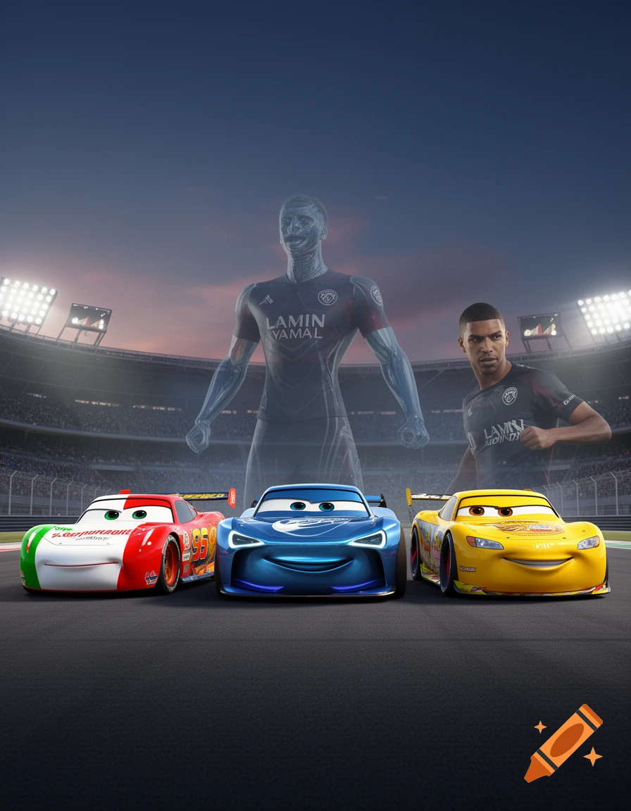Three Pixar Cars characters, Francesco Bernoulli, Jackson Storm, and Cruz Ramirez, on a race track with two football players, one ghost-like, in a stadium background at sunset.