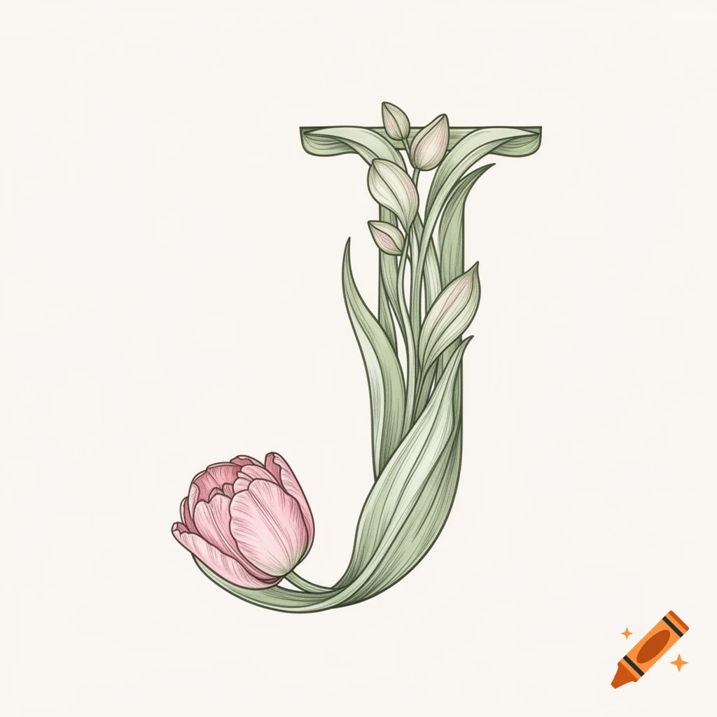 A delicate art nouveau-style capital letter J formed by green leaves, with a pink tulip blooming from its base on a light background.