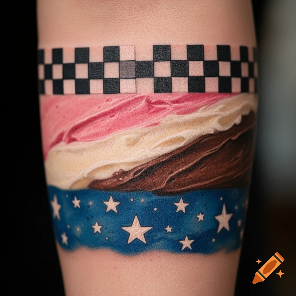 An arm band tattoo featuring a black and white checkerboard, neapolitan ice cream colors, and a blue section with white stars.