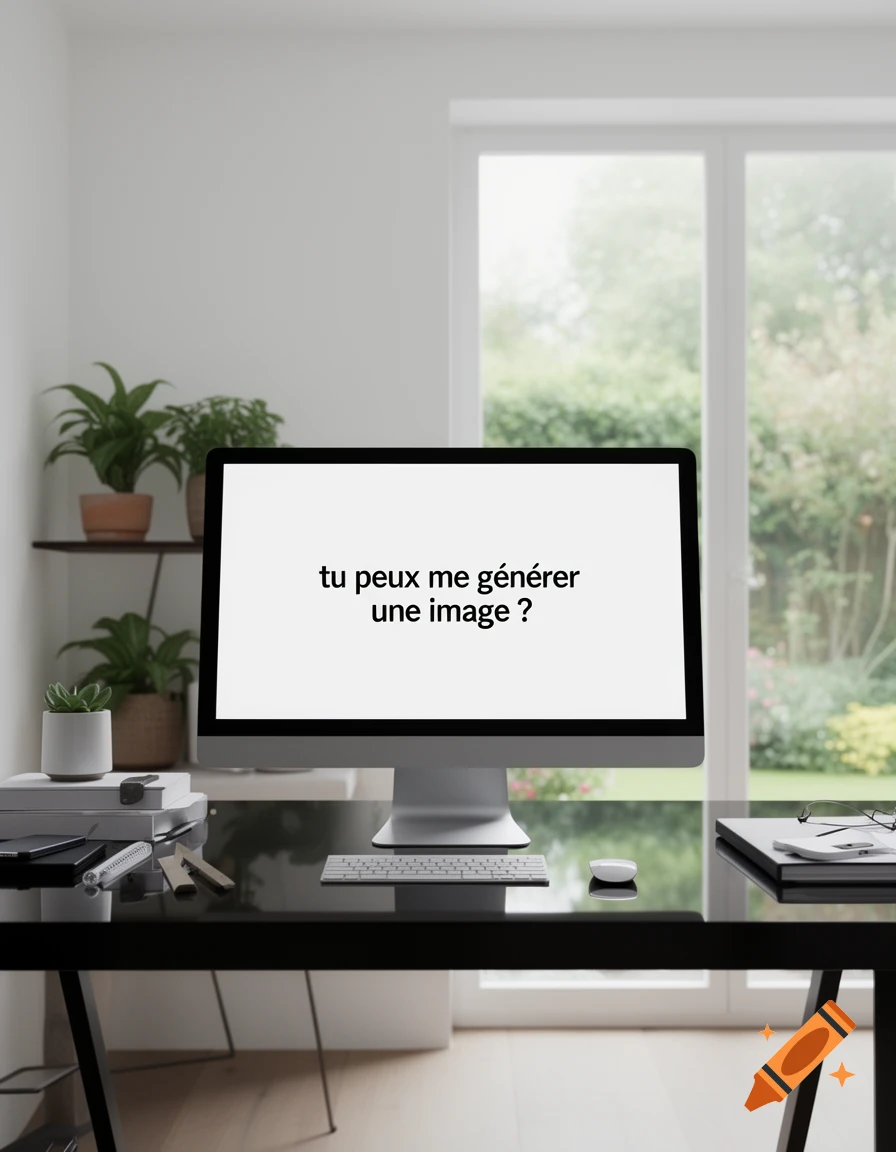 A photorealistic computer with 'tu peux me g mage ?' on its screen sits on a black desk in a bright room.