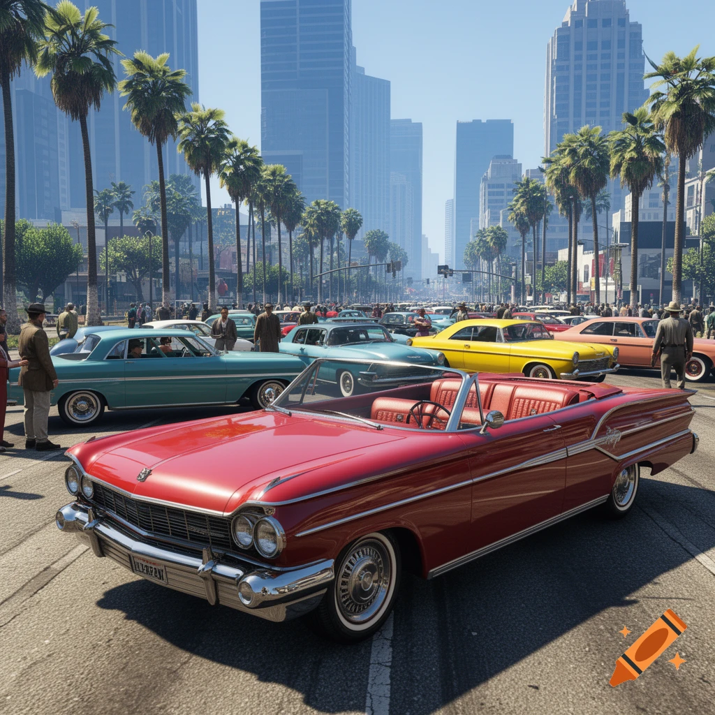 A red vintage convertible leads a line of classic cars on a sunny city street, with pedestrians and tall buildings in the background.