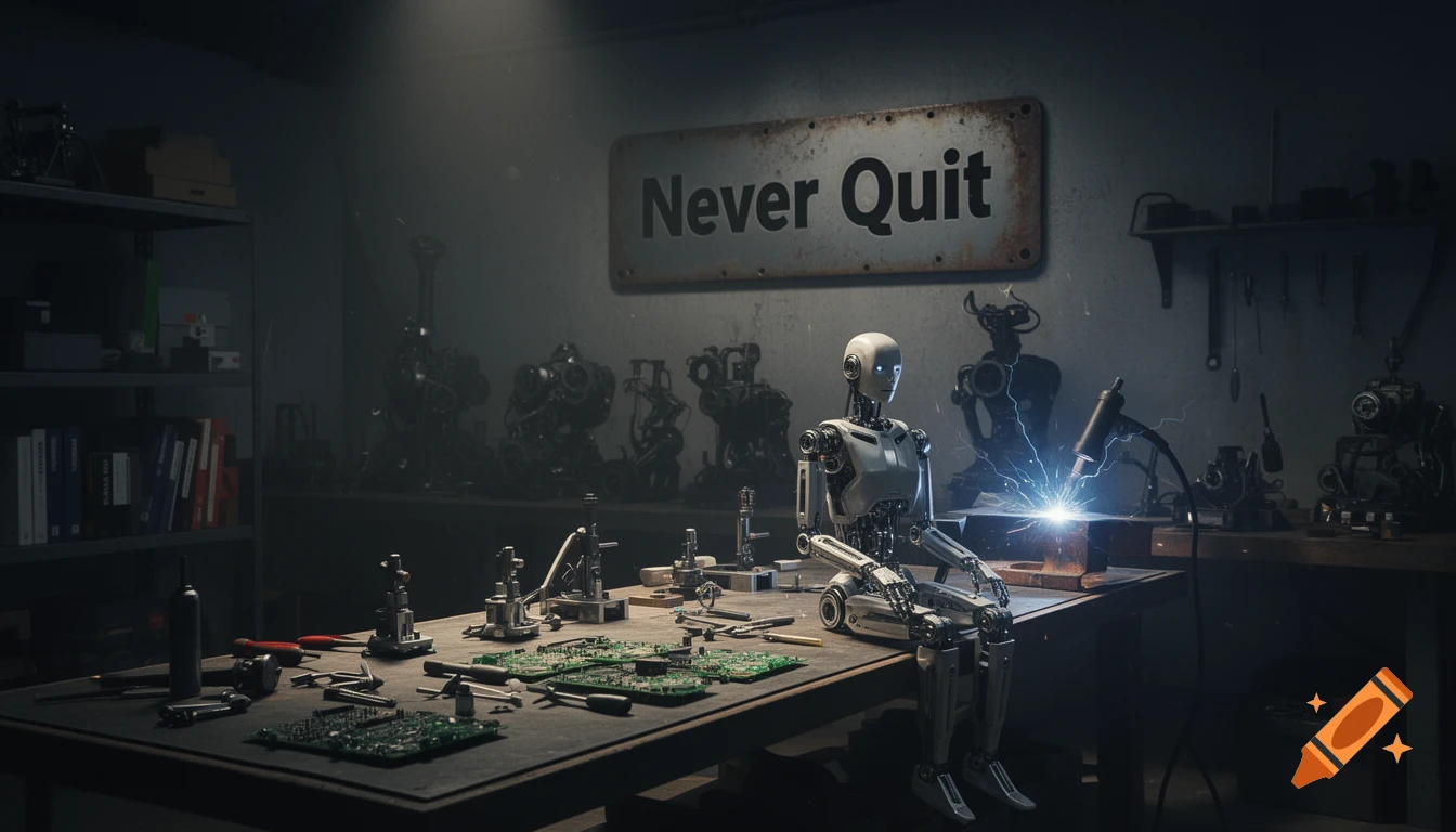 A humanoid robot sits on a workbench in a dark workshop, welding. Tools and circuit boards surround it, a 'Never Quit' sign hangs on the wall.
