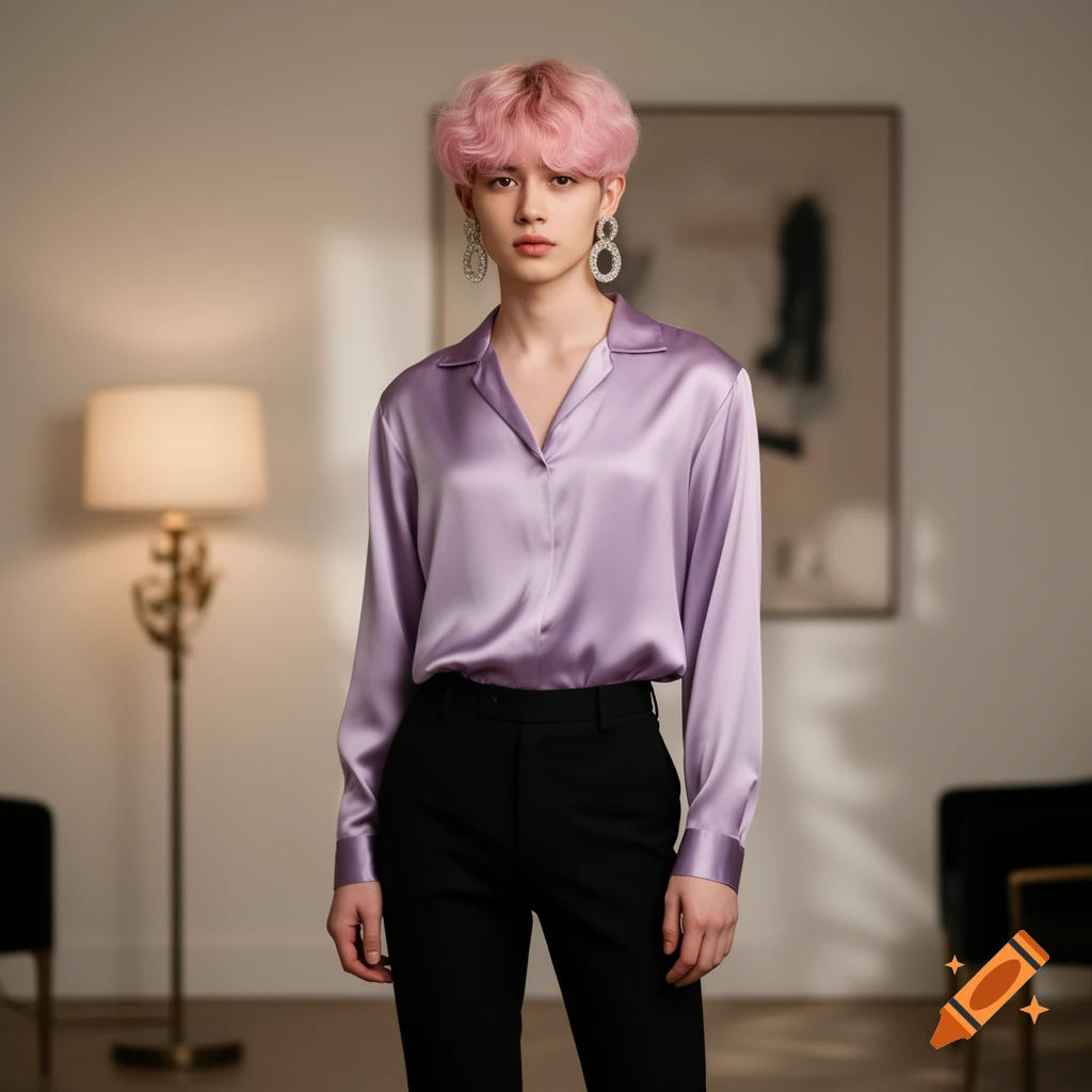 A person with short pink hair, wearing a lavender satin shirt, black pants, and large hoop earrings, stands in a room.