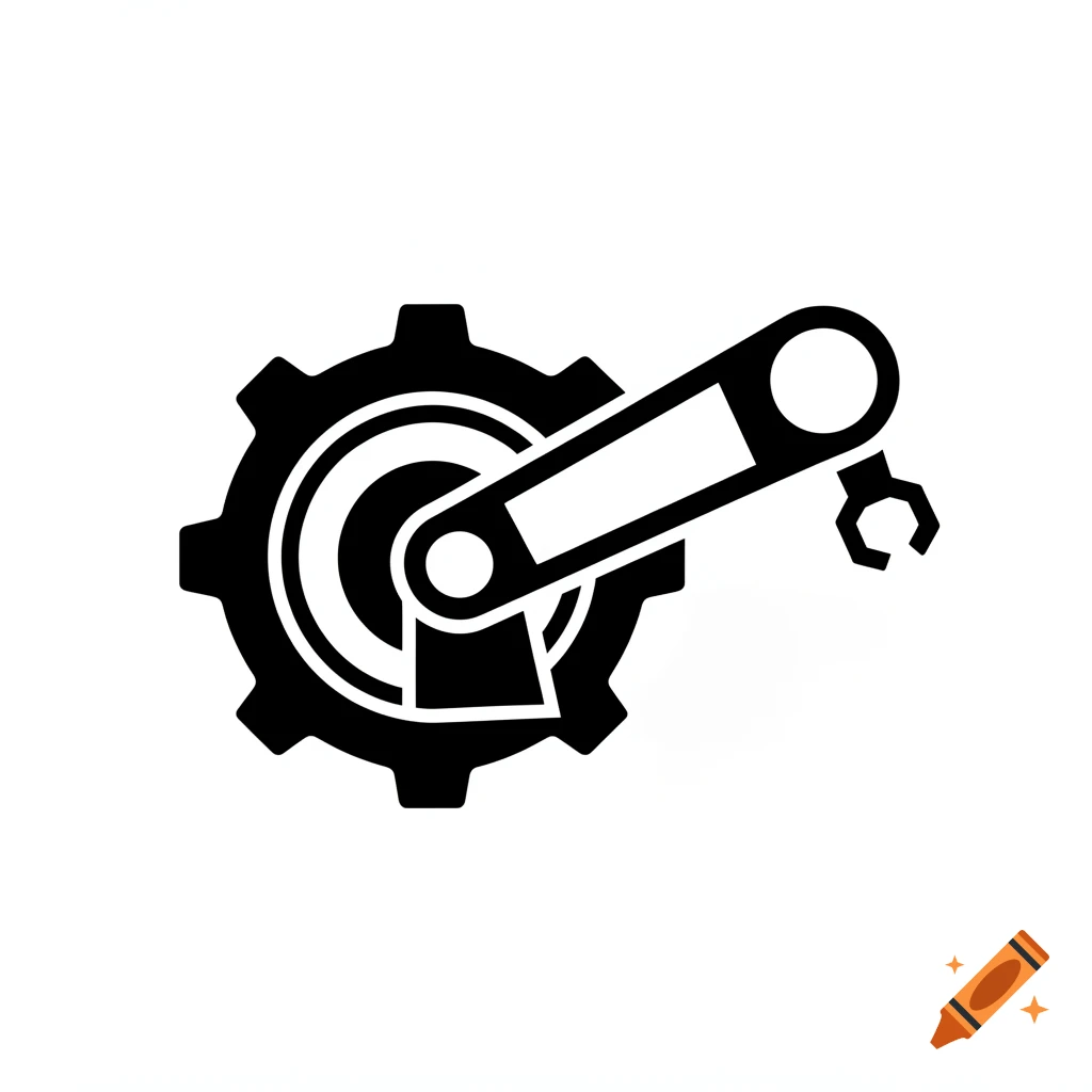 Black and white pictogram of a gear with a robotic arm holding a wrench, representing mechanical engineering.