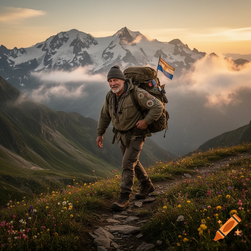 A bearded man with a large backpack hikes on a rocky mountain trail among wildflowers, with snowy peaks and clouds at sunset.