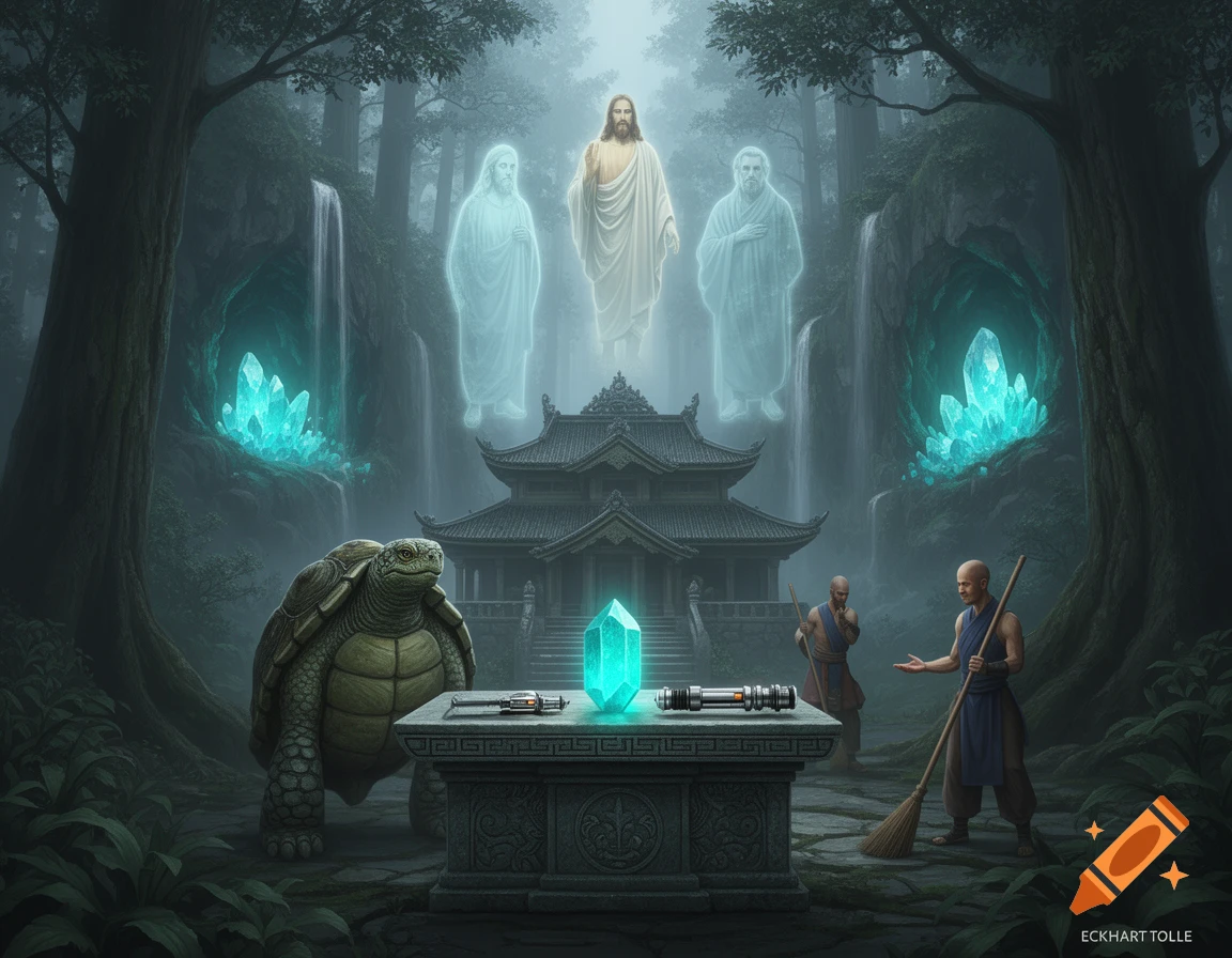 Jesus, two spectral figures, monks, and a giant turtle stand before a temple with glowing crystals, lightsaber parts, and waterfalls in a mystical forest.