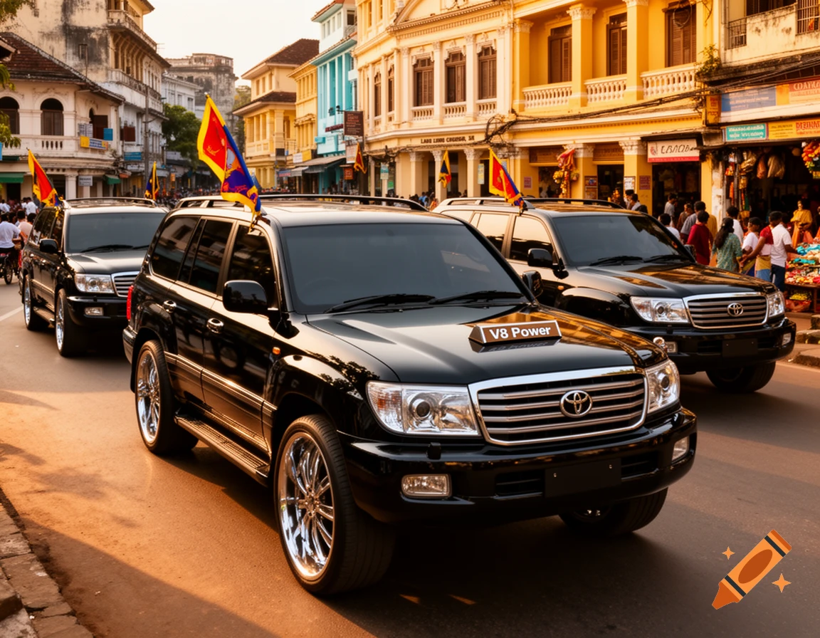 A convoy of shiny black Toyota Land Cruiser SUVs with flags on their roofs drives down a busy street lined with colorful, colonial-style buildings under warm sunlight.