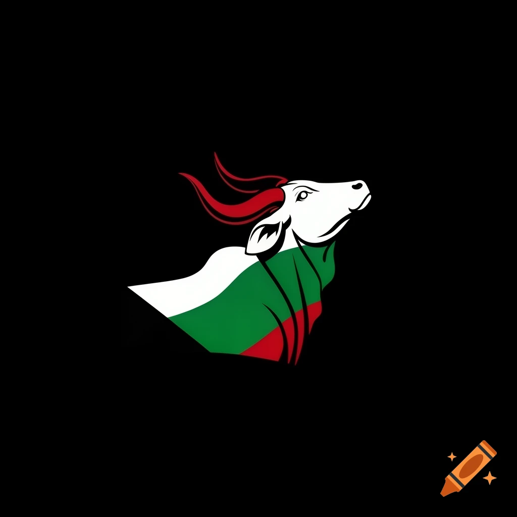 Stylized white horned cow with red horns and a green and red flag-like pattern on its body, against a black background.