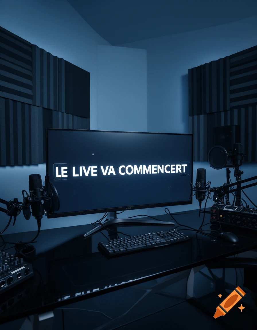 A dark, modern recording studio setup with a large monitor displaying "LE LIVE VA COMMENCERT", microphones, and sound equipment.